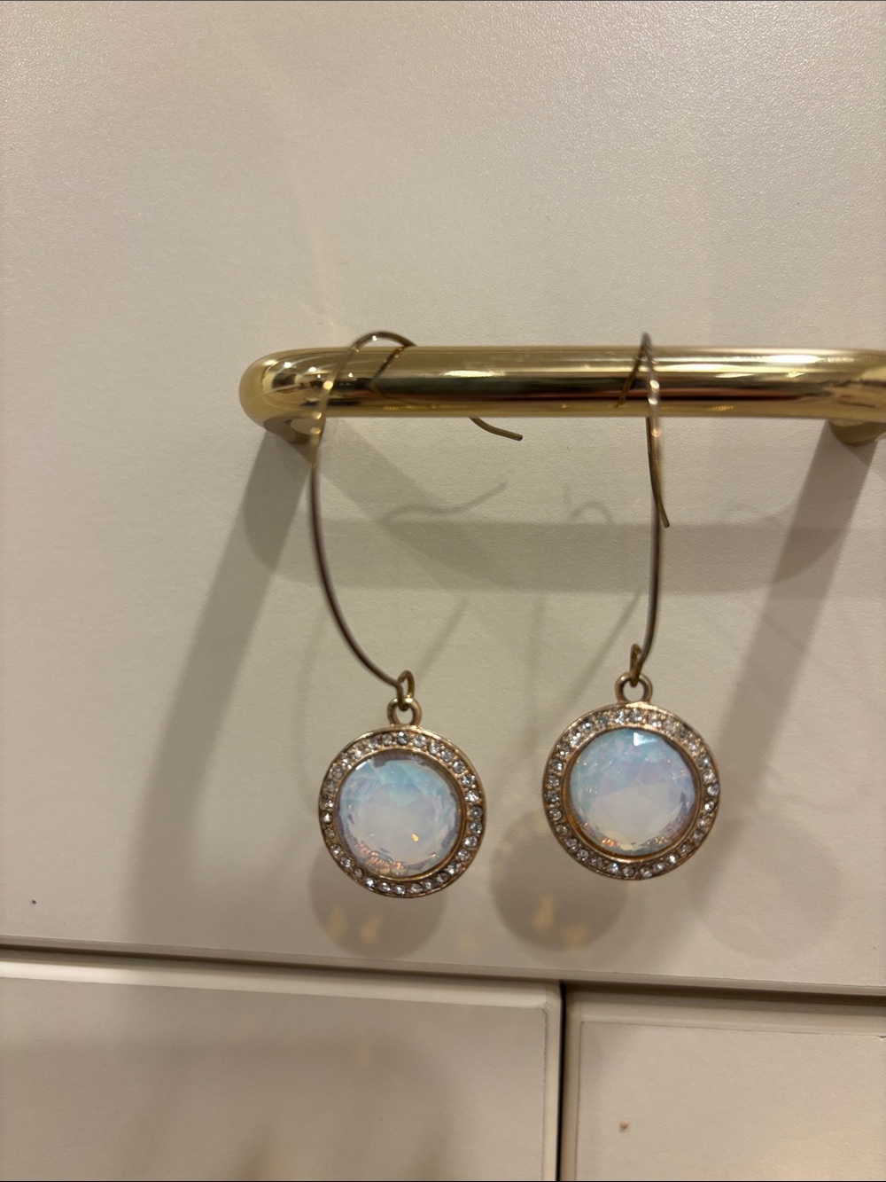 Beautiful Round Opal Drop Earrings w/ faux diamonds around a Gold Tone metal